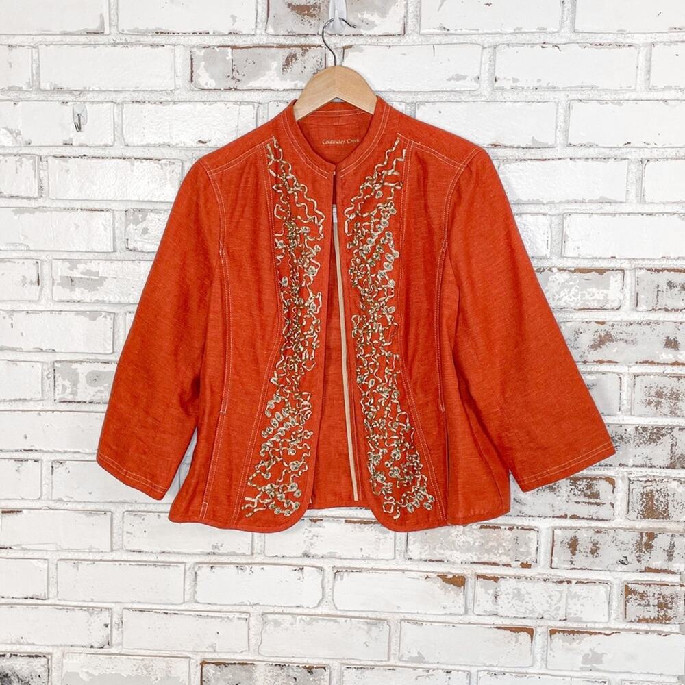 Vintage 90s Y2K Coldwater Creek Rust Linen Blend Ribbon Detail Jacket